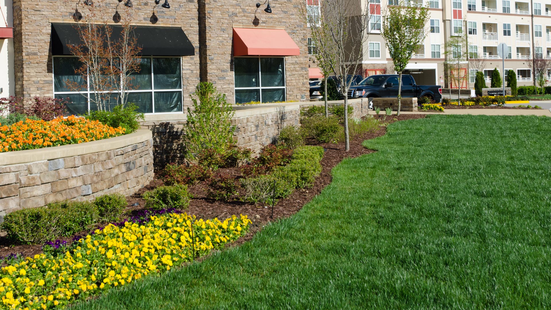 Recently mowed and well maintained lawn at a commercial property in Allentown, %%state%.